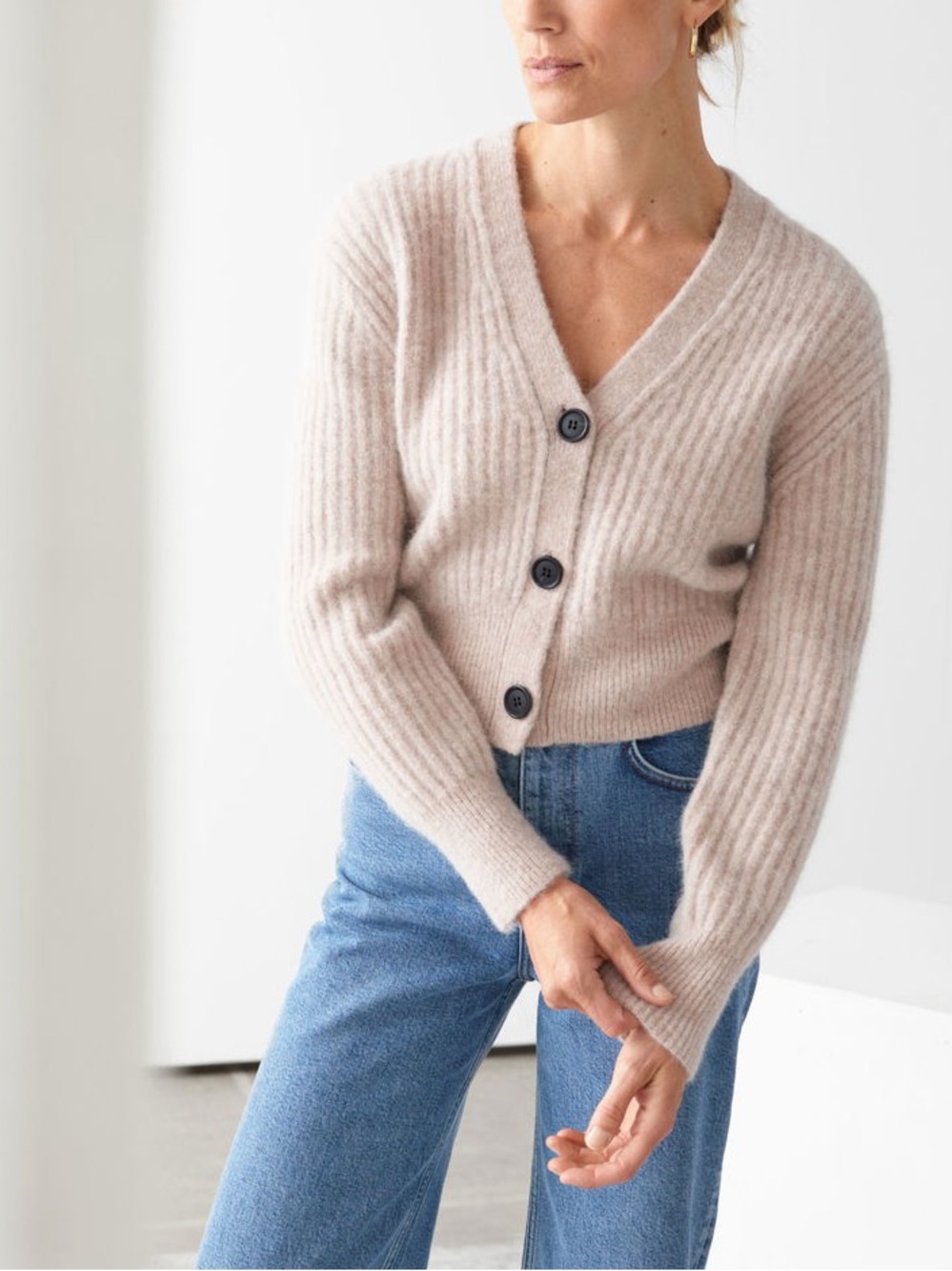 & Other Stories Alpaca Wool Blend Cropped Ribbed Beige Cardigan Size Small - Picture 3 of 7